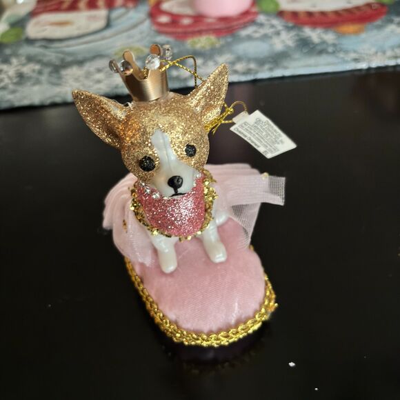 Pink Glitter Princess Chihuahua Velour Pillow Holiday Tree Ornaments 6"H - Picture 1 of 3